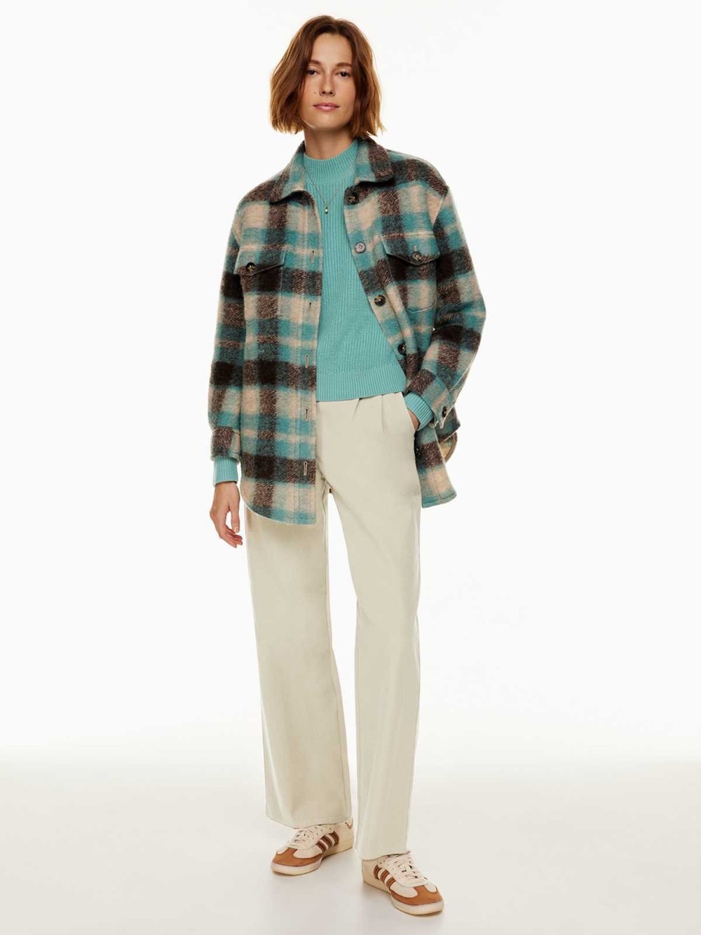 Wilfred Ribbed Mock Neck Wool Sweater in Teal Green